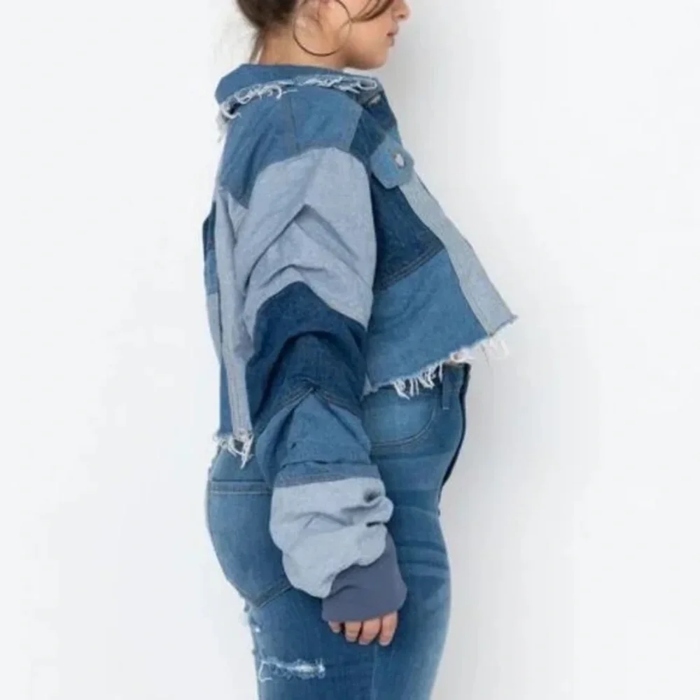 NWT AZALEA WANG ALL PATCHED UP PATCHWORKED  CROP DENIM JACKET - Picture 6 of 14